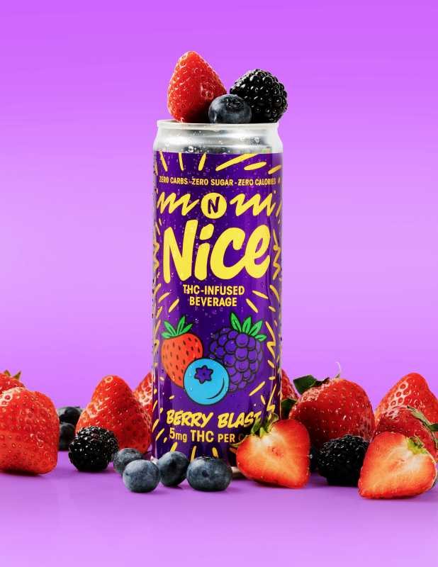 Purple NICE Berry Blast can topped with a strawberry and blackberry, surrounded by fresh berries