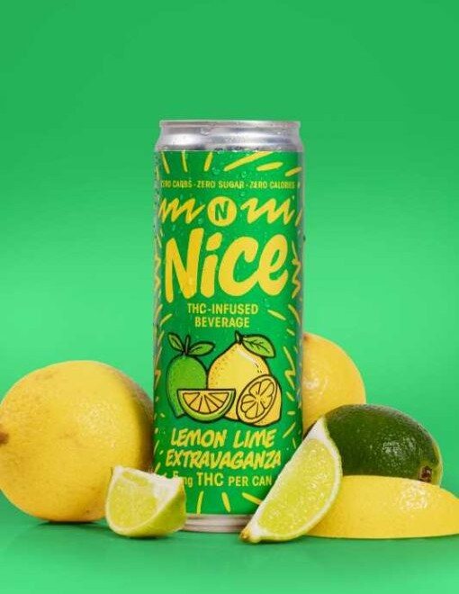 Green NICE Lemon Lime Extravaganza can standing among whole lemons and cut lime wedges